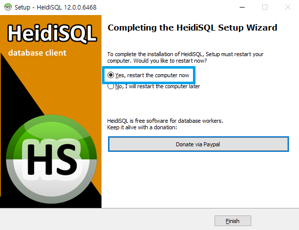 HeidiSQL 설치 완료 및 재시작 안내