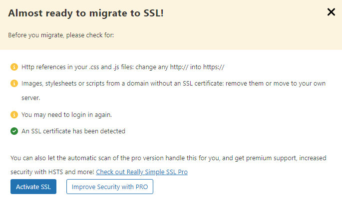 Really Simple SSL에서 Activate SSL 버튼 화면