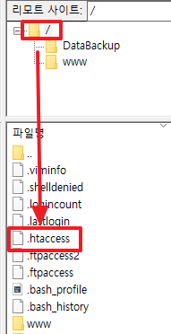 .htaccess 파일을 FTP로 내려받는 위치 예시 화면