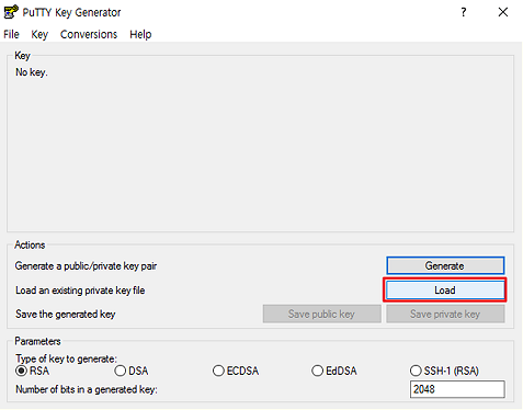 PuTTYgen 실행 화면